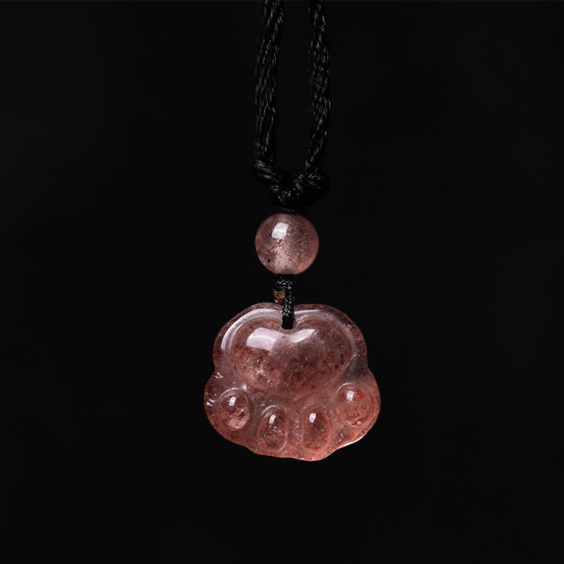 Wear FengShui Strawberry Quartz Lovely Cat Paw Claw Healing Necklace Pendant