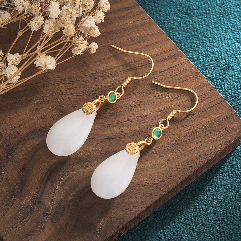 Wear FengShui FengShui White Jade Luck Drop Earrings