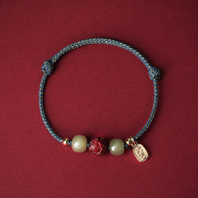 Wear FengShui 14K Gold Plated Hetian Jade Cinnabar Lotus Luck Handcrafted Rope Bracelet
