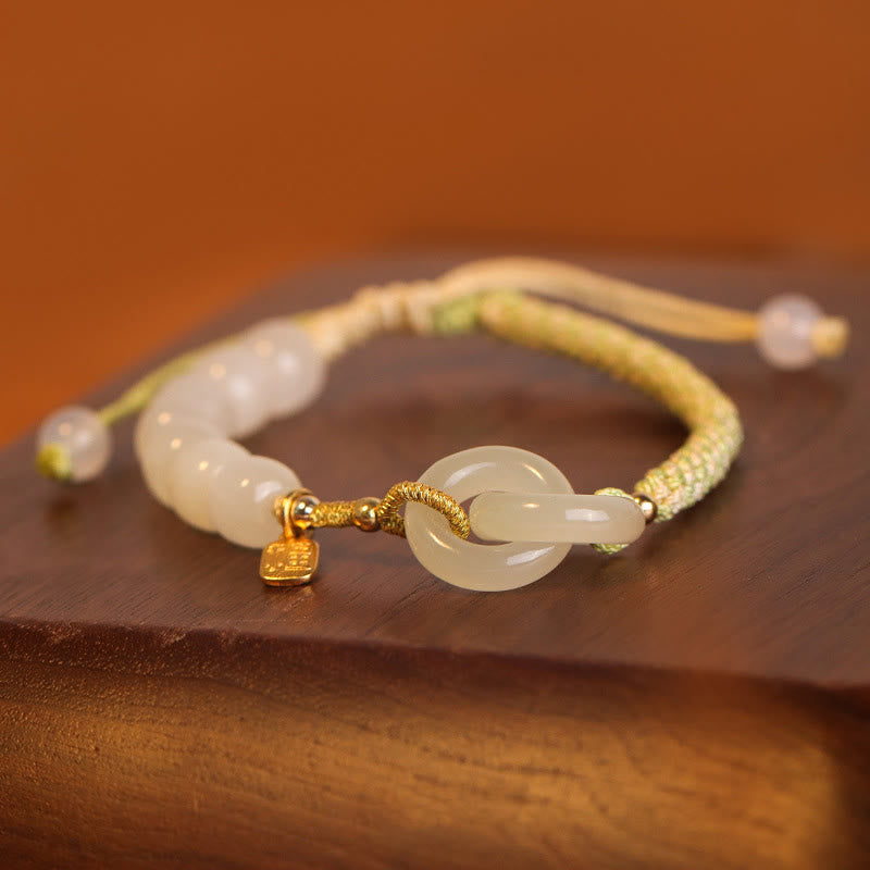 Wear FengShui Natural Hetian Jade Bead Double Peace Buckle Fu Character Abundance Braided Bracelet