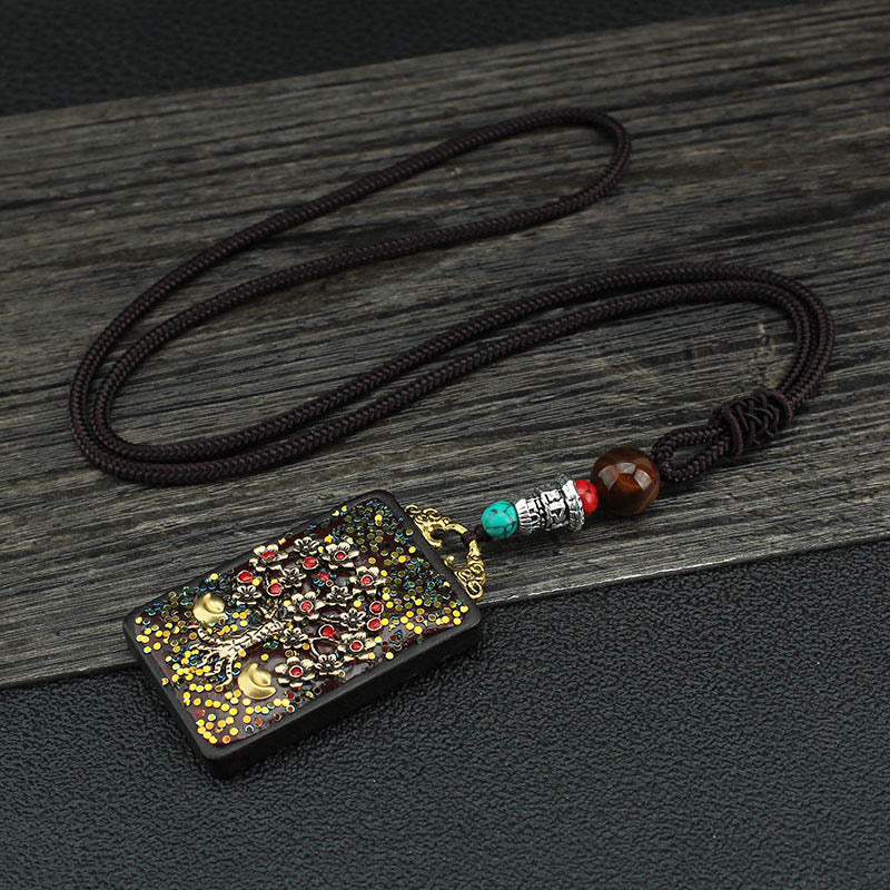 Wear FengShui Tibet God Of Wealth Money Tree Golden Phoenix Thangka Ebony Peace Necklace Pendant