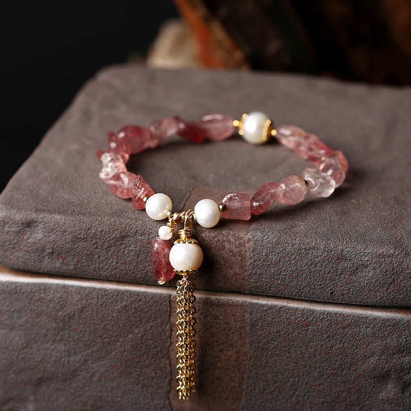 Wear FengShui Natural Strawberry Quartz Pearl 14k Gold Plated Love Healing Bracelet
