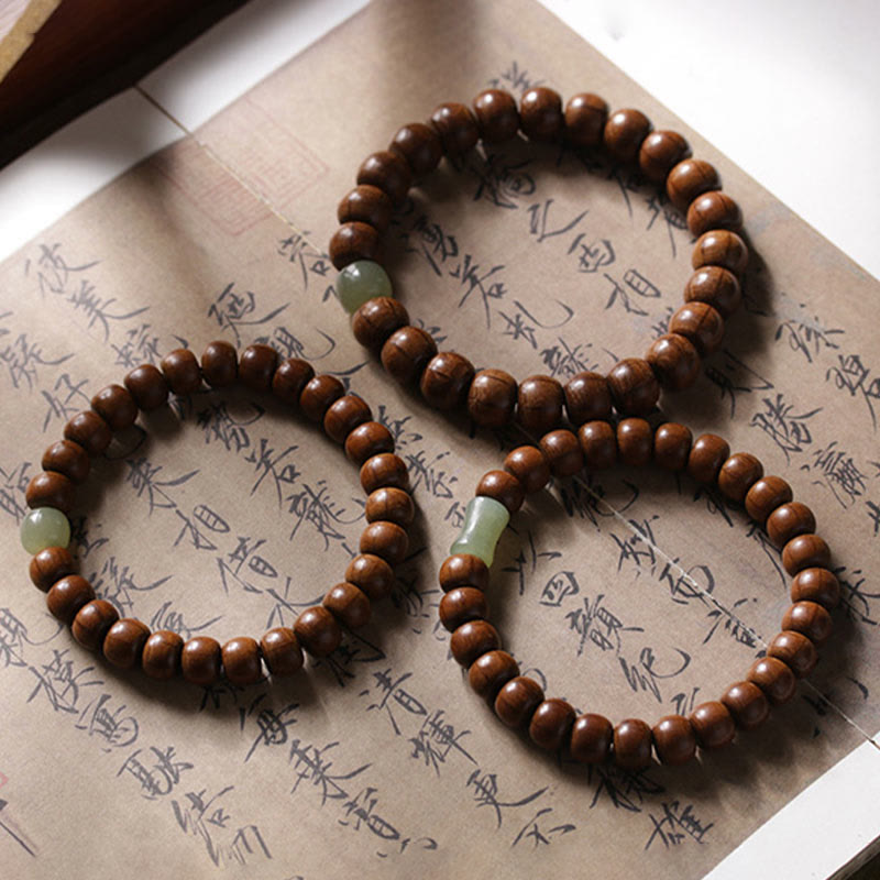 Wear FengShui Natural Abelia Biflora Wood Hetian Jade Bamboo Bead Warding Off Evil Spirits Bracelet