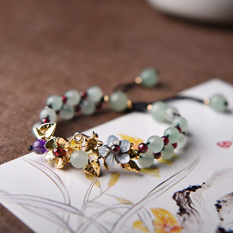 Wear FengShui Green Aventurine Garnet Bead Flower Petal Luck Bracelet