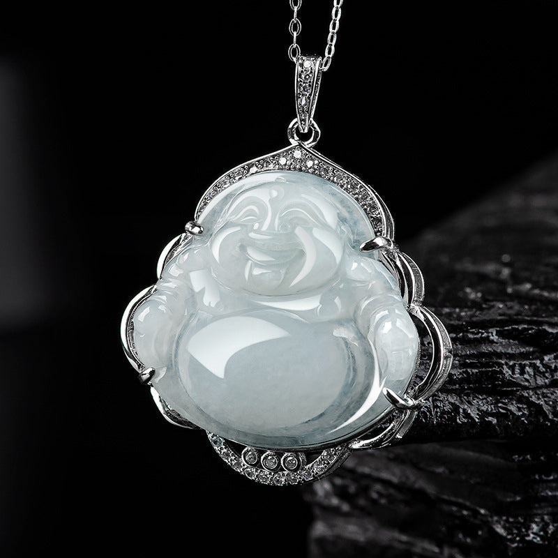 Wear FengShui Laughing Buddha Natural Jade Abundance Titanium Steel Chain Necklace Pendant