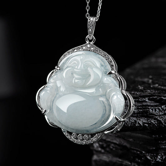 Wear FengShui Laughing Buddha Natural Jade Abundance Titanium Steel Chain Necklace Pendant