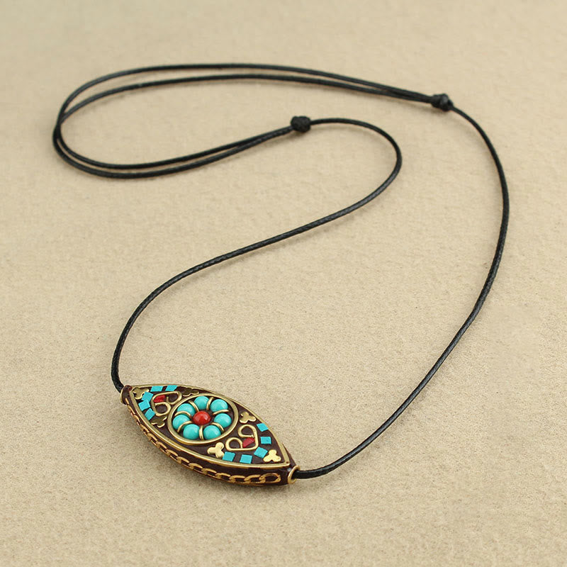 Wear FengShui Tibet Turquoise Bead Marquise Pattern Protection Strength Necklace Pendant