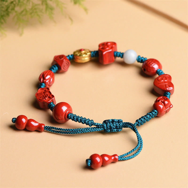 Wear FengShui Natural Cinnabar Gourd Om Mani Padme Hum Laughing Buddha Blessing String Bracelet