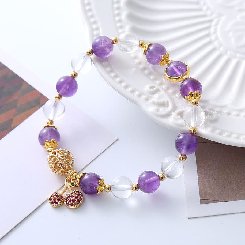 Wear FengShui Natural Amethyst White Crystal Positive Cherry Charm Bracelet