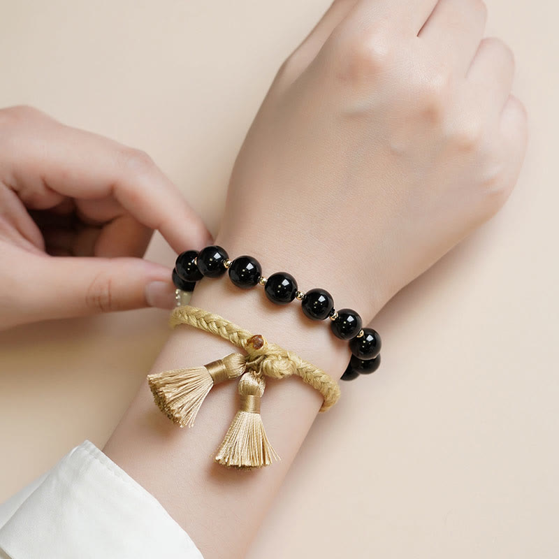 Wear FengShui 2Pcs Black Onyx Bead Support Protection String Bracelet