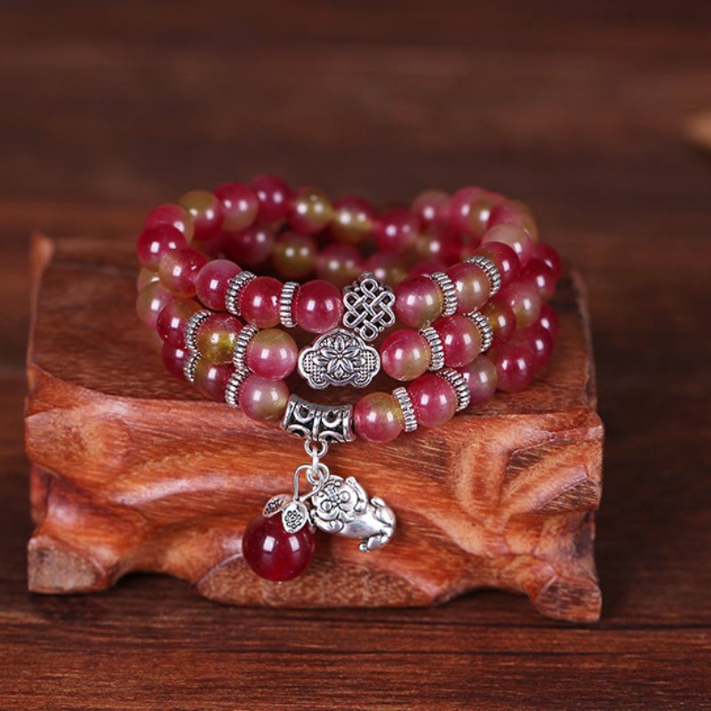 Wear FengShui Natural Watermelon Tourmaline PiXiu Elephant Positive Triple Wrap Bracelet