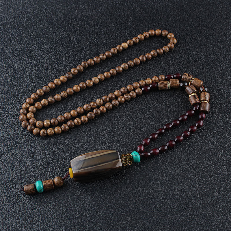 Wear FengShui Tibetan Wenge Wood Bodhi Seed Agate Balance Peace Necklace Pendant