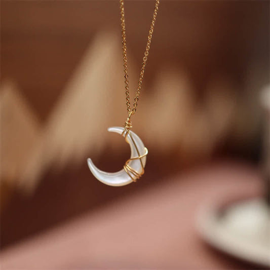 Wear FengShui Natural Tridacna Stone Crescent Moon Blessing Necklace Pendant