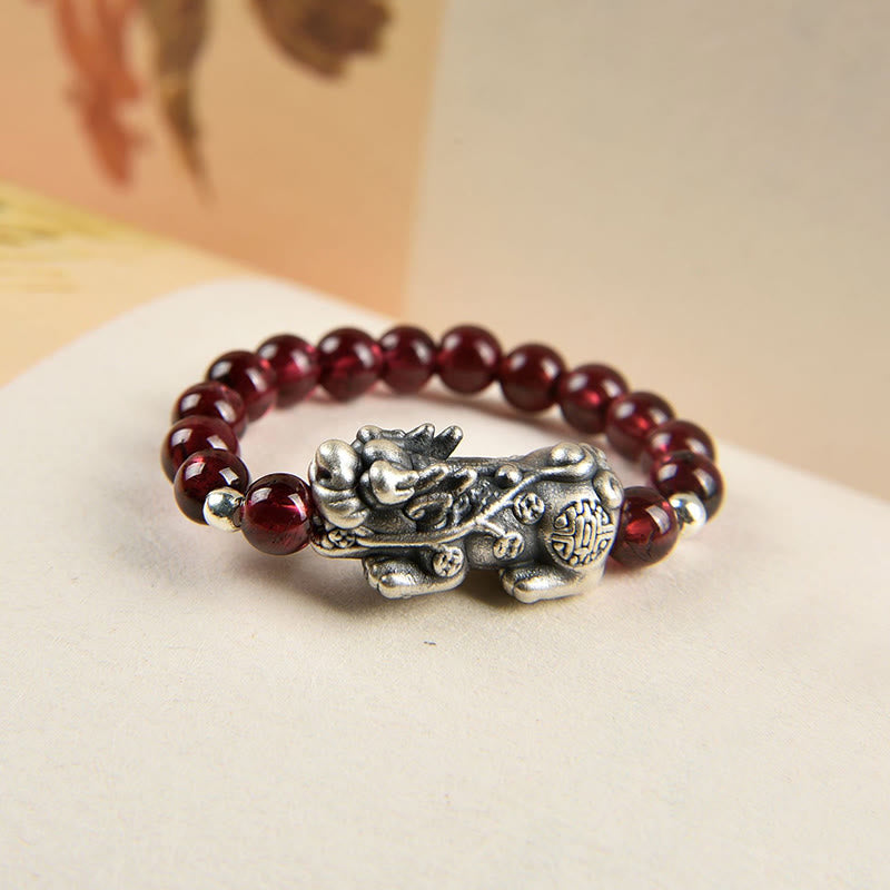 Wear FengShui 925 Sterling Silver Natural Garnet Moonstone Red Agate PiXiu Wealth Ring