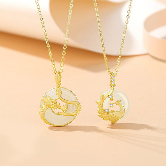 Wear FengShui 925 Sterling Silver Year of the Dragon Hetian Jade Golden Dragon Phoenix Peace Buckle Luck Necklace Pendant