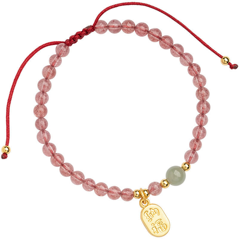 Wear FengShui Natural Strawberry Quartz Garnet Jade Lucky Fortune Fu Character Healing Charm Bracelet