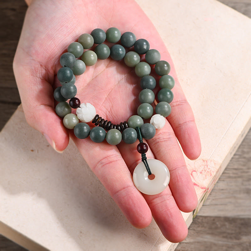 Wear FengShui Cyan Bodhi Seed Lotus Jade Peace Buckle Wisdom Double Wrap Bracelet