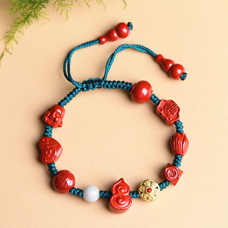 Wear FengShui Natural Cinnabar Gourd Om Mani Padme Hum Laughing Buddha Blessing String Bracelet