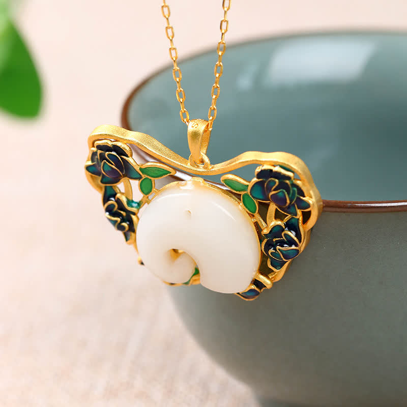 Wear FengShui White Jade Elephant Butterfly Lotus Success Necklace Chain Pendant