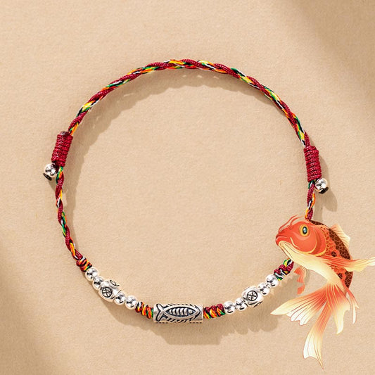 Wear FengShui 925 Sterling Silver Luck Koi Fish Braided Colorful String Bracelet Anklet