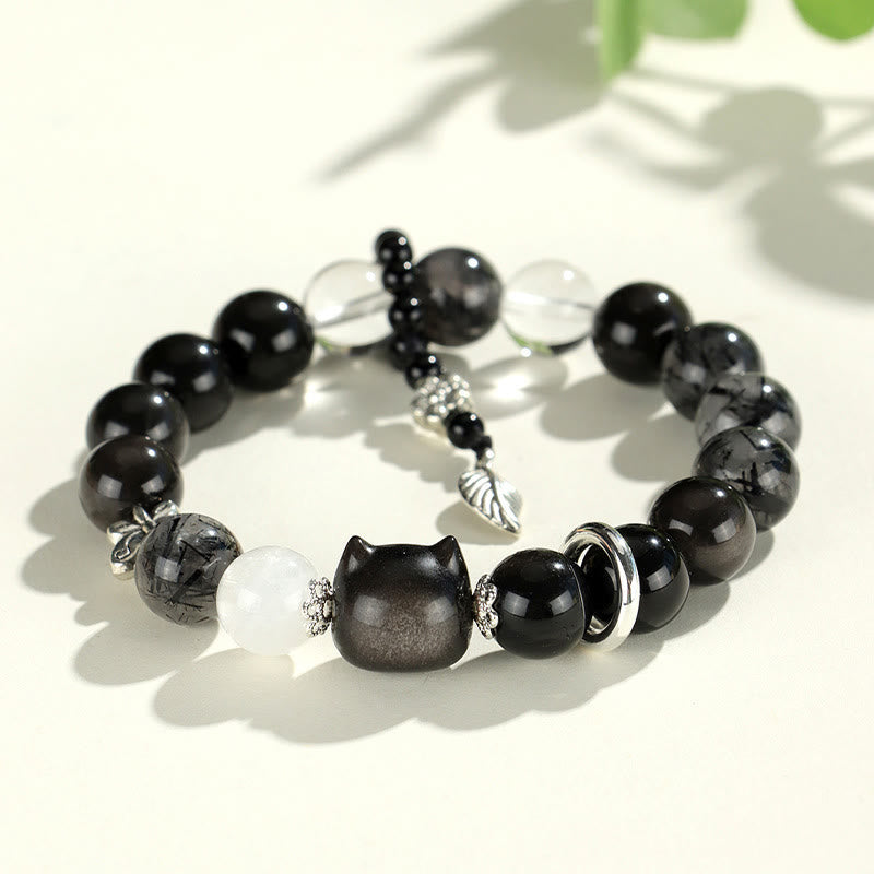 Wear FengShui Natural Silver Sheen Obsidian Cat Head Fox Planet Protection Bracelet
