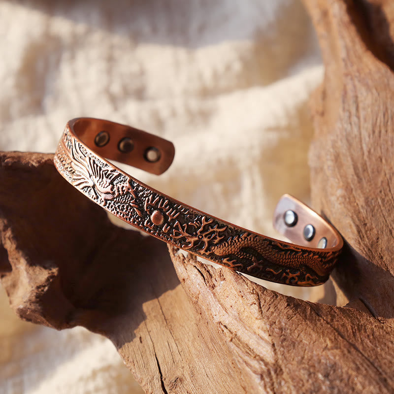 Wear FengShui Dragon Phoenix Magnetic Solid Copper Cuff Bracelet Bangle