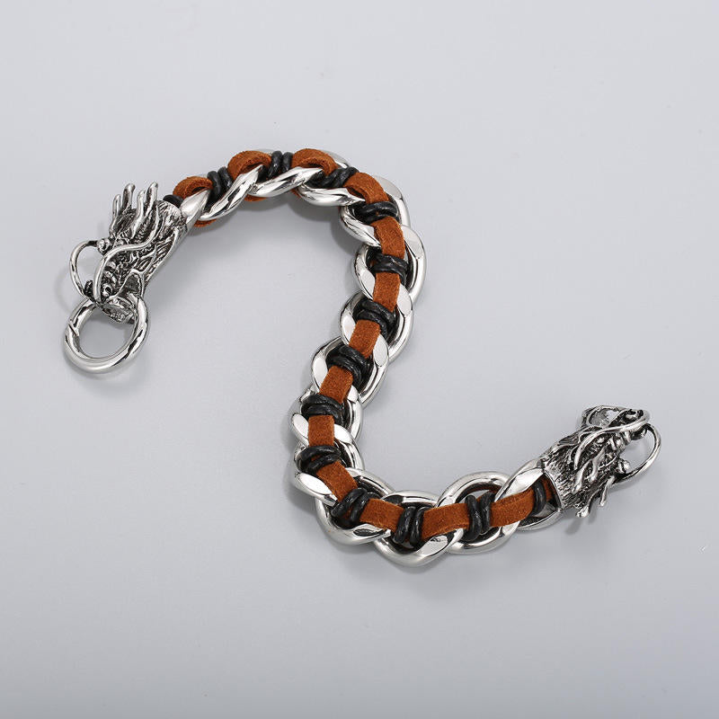 Wear FengShui Dragon Leather Titanium Steel Protection Luck Braided Bracelet