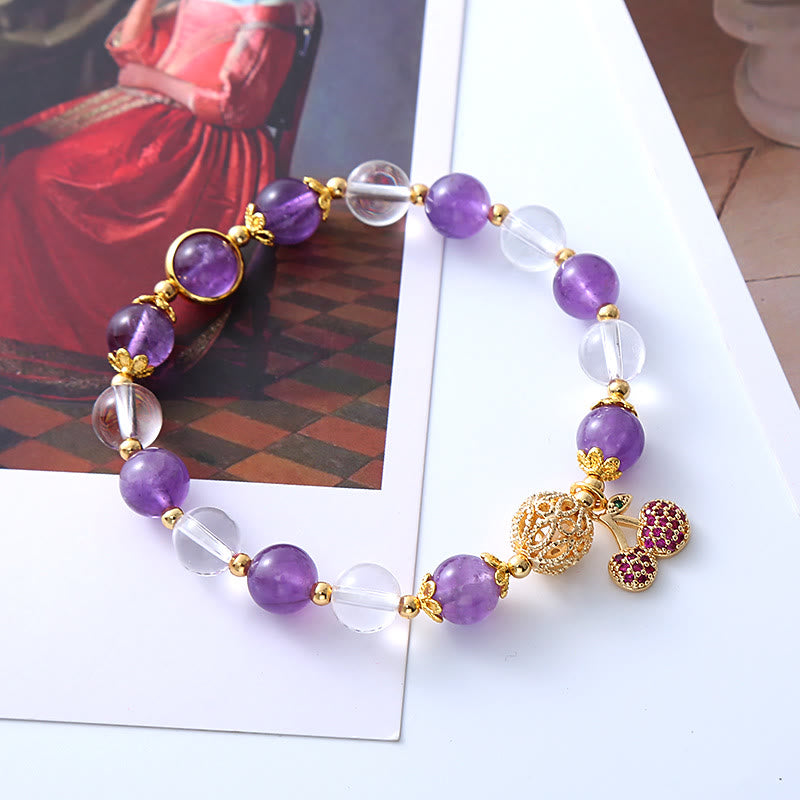 Wear FengShui Natural Amethyst White Crystal Positive Cherry Charm Bracelet