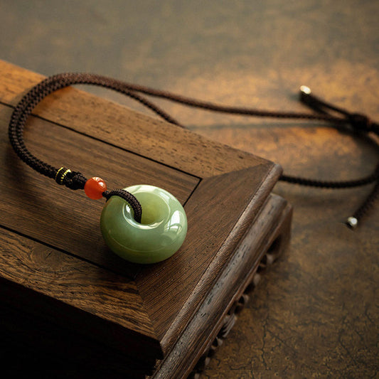 Wear FengShui Natural Round Jade Gray Jade Peace Buckle Luck Necklace Pendant