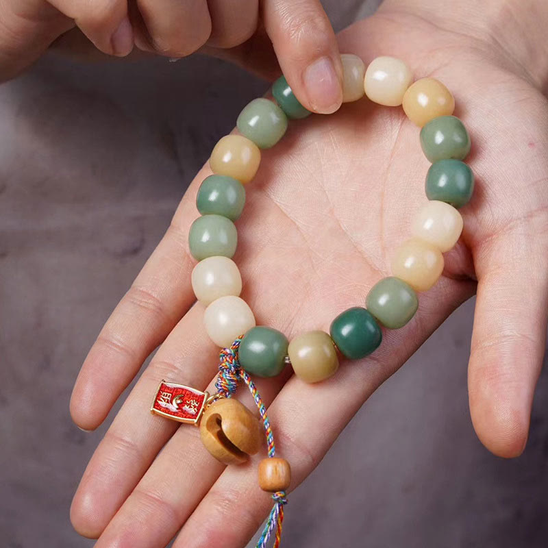 Wear FengShui Natural Gradient Bodhi Seed Wisdom Wooden Fish Drum Charm Bracelet