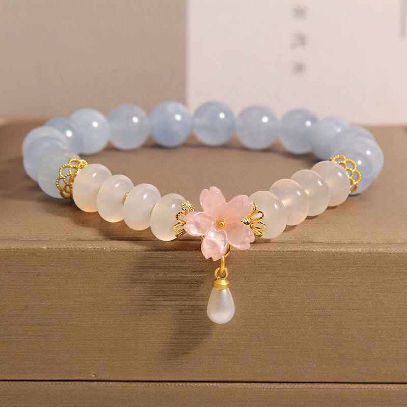 Wear FengShui Aquamarine White Agate Pearl Abacus Beads Flower Healing Bracelet