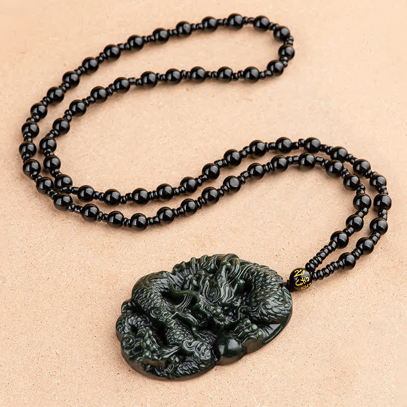 Wear FengShui Hetian Cyan Jade Dragon Success Harmony Necklace Beaded String Pendant