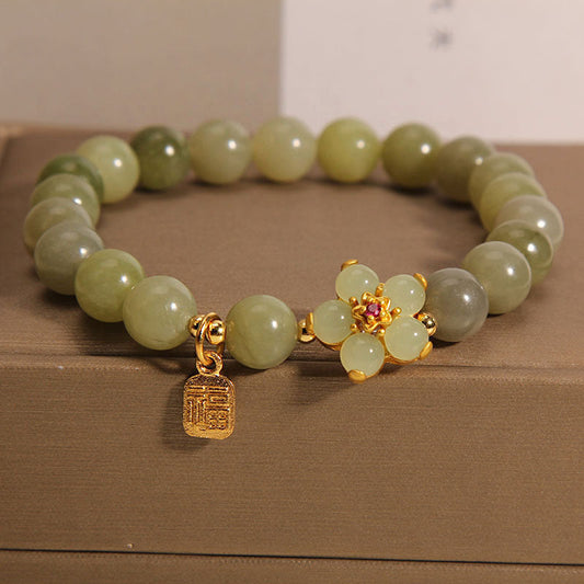 Wear FengShui Green Jade Flower Fu Character Charm Luck Bracelet