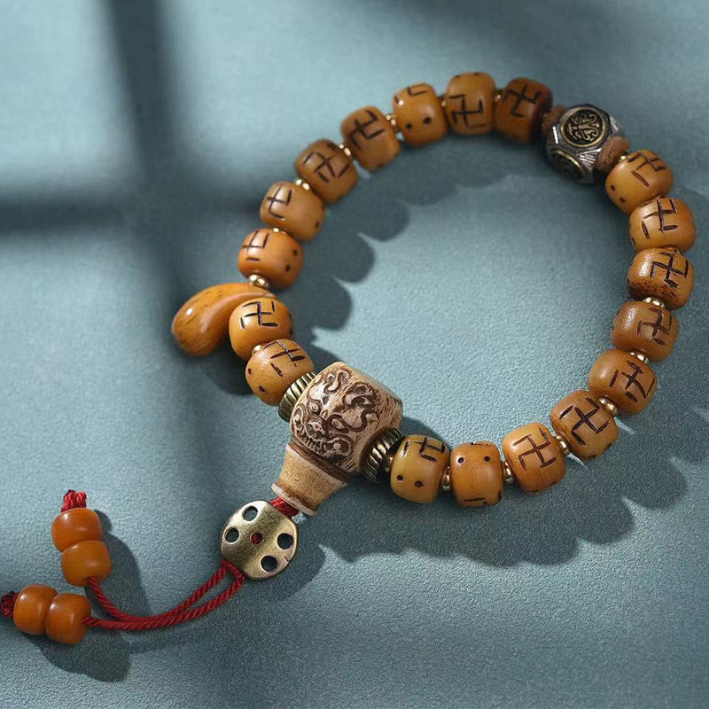 Wear FengShui Natural Tibetan Camel Bone Swastika Dzi Bead Shankha Buddha Charm Kirtimukha Luck Protection Tassel Bracelet