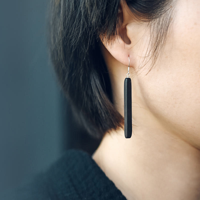 Wear FengShui 925 Sterling Silver Ebony Wood Texture Balance Peace Drop Dangle Earrings
