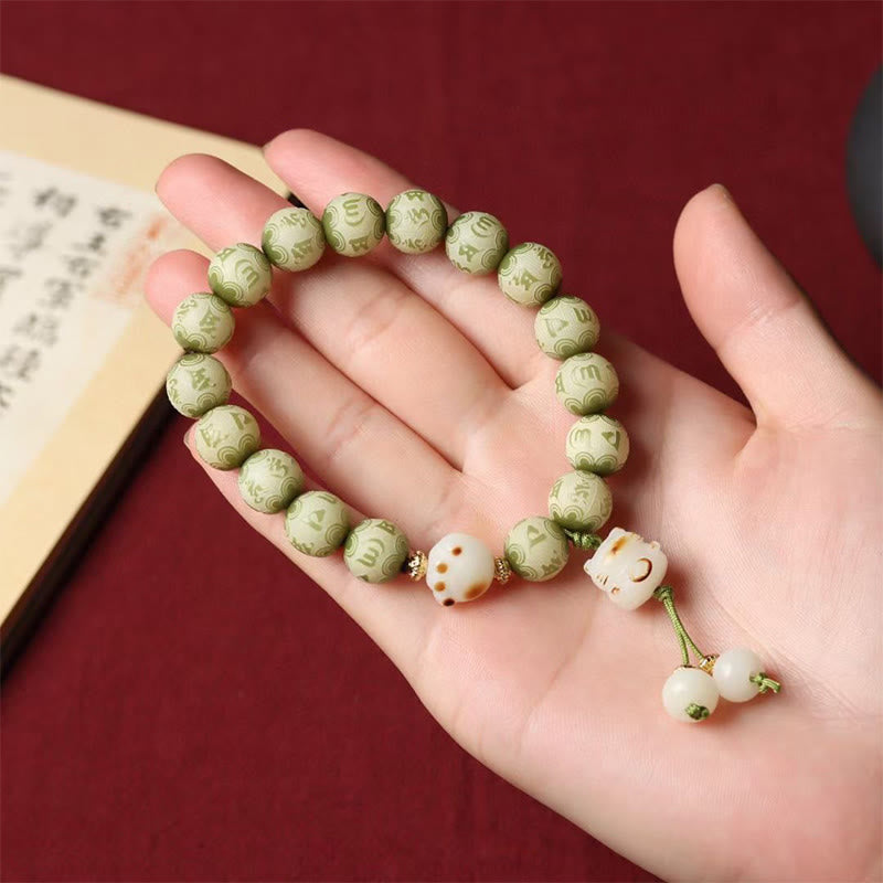 Wear FengShui Green Bodhi Seed Cat Paw Om Mani Padme Hum Engraved Wisdom Bracelet