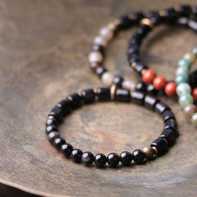 Wear FengShui Ebony Wood Red Jasper Moss Agate Crystal Copper Peace Couple Bracelet