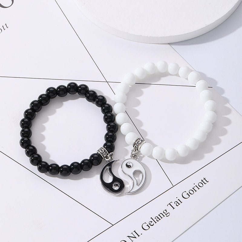 Wear FengShui 2Pcs Black Onyx White Turquoise Bead Yin Yang Protection Couple Bracelet