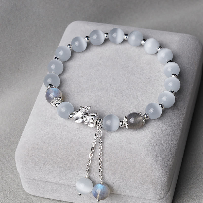 Wear FengShui Natural Cat's Eye Moonstone Strawberry Quartz PiXiu Support Bracelet