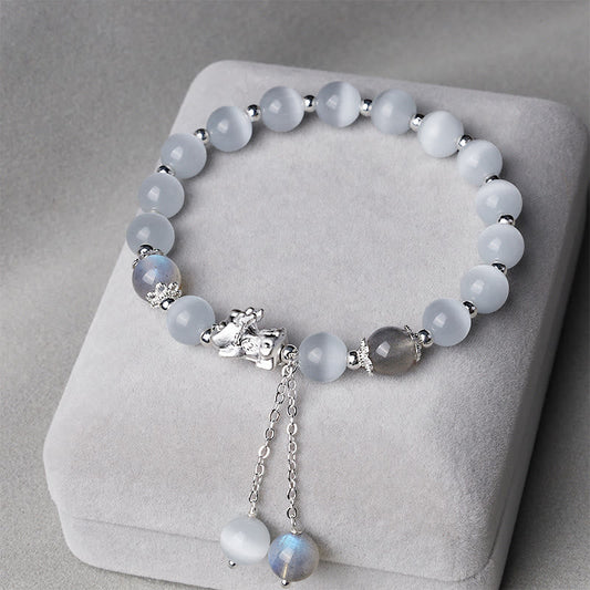 Wear FengShui Natural Cat's Eye Moonstone Strawberry Quartz PiXiu Support Bracelet