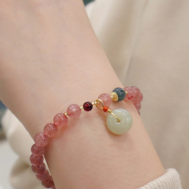 Wear FengShui Natural Strawberry Quartz Jade Peace Buckle Coin Purse Healing Bracelet