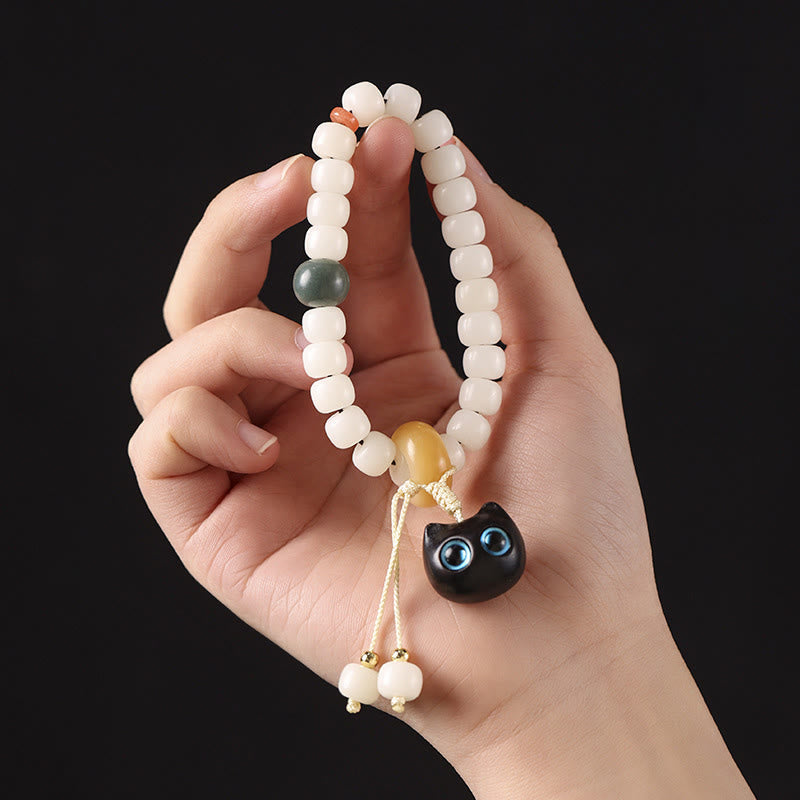 Wear FengShui Natural Bodhi Seed African Blackwood Lovely Cat Charm Peace Harmony Bracelet
