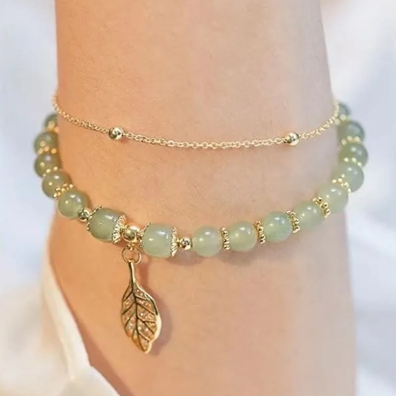 Wear FengShui Jade Leaf Ginkgo Tulip Peanut Fu Character Luck Beaded Bracelet