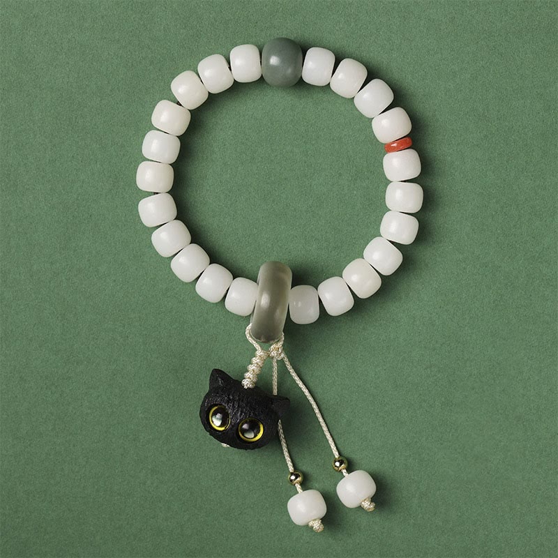 Wear FengShui Natural Bodhi Seed African Blackwood Lovely Cat Charm Peace Harmony Bracelet