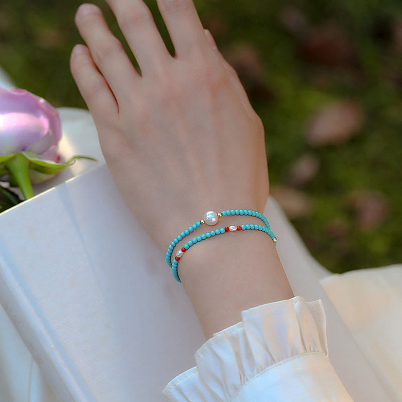 Wear FengShui Turquoise Red Agate Pearl Small Beaded Protection Bracelet