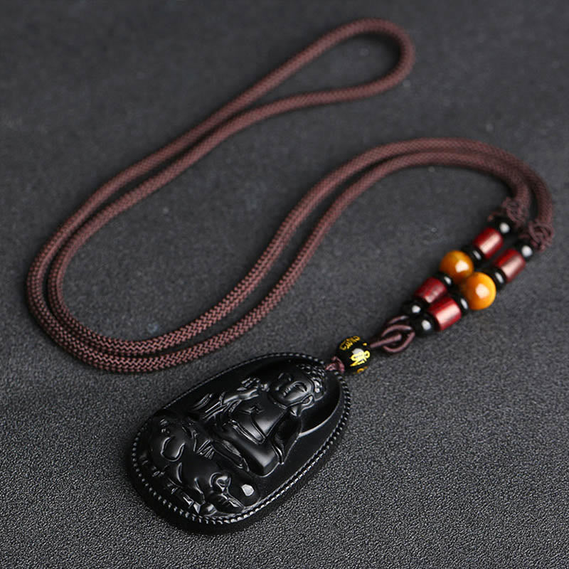Wear FengShui Chinese Zodiac Natal Buddha Natural Black Obsidian Purification Necklace Pendant