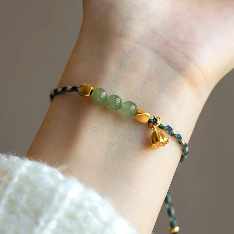 Wear FengShui Handcrafted Hetian Jade Lotus Charm Luck Braided Bracelet