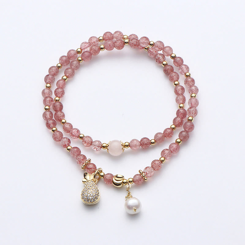 Wear FengShui Strawberry Quartz Money Bag Positive Charm Double Wrap Bracelet