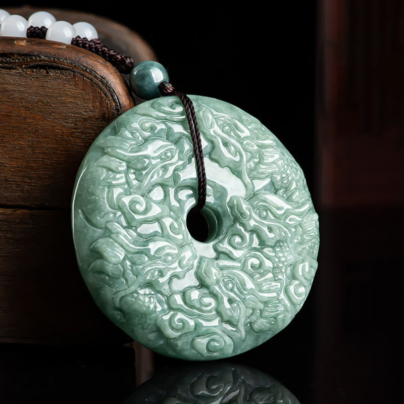 Wear FengShui Year of the Dragon Natural Jade Nine Dragons Peace Buckle Protection Necklace Pendant