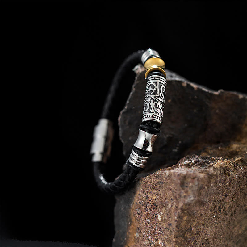 Wear FengShui Tang Dynasty Flower Design Luck Stainless Steel Buckle Leather Bracelet